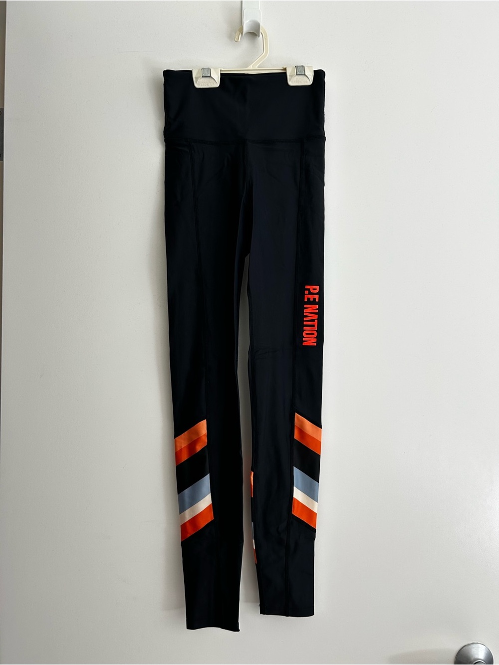 P.E Nation XS Black Leggings with Orange and Silver Chevron Stripes